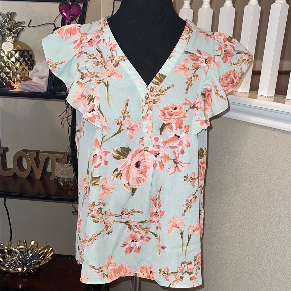 DR2 Light Green and Coral Floral Blouse with Ruffle Detail